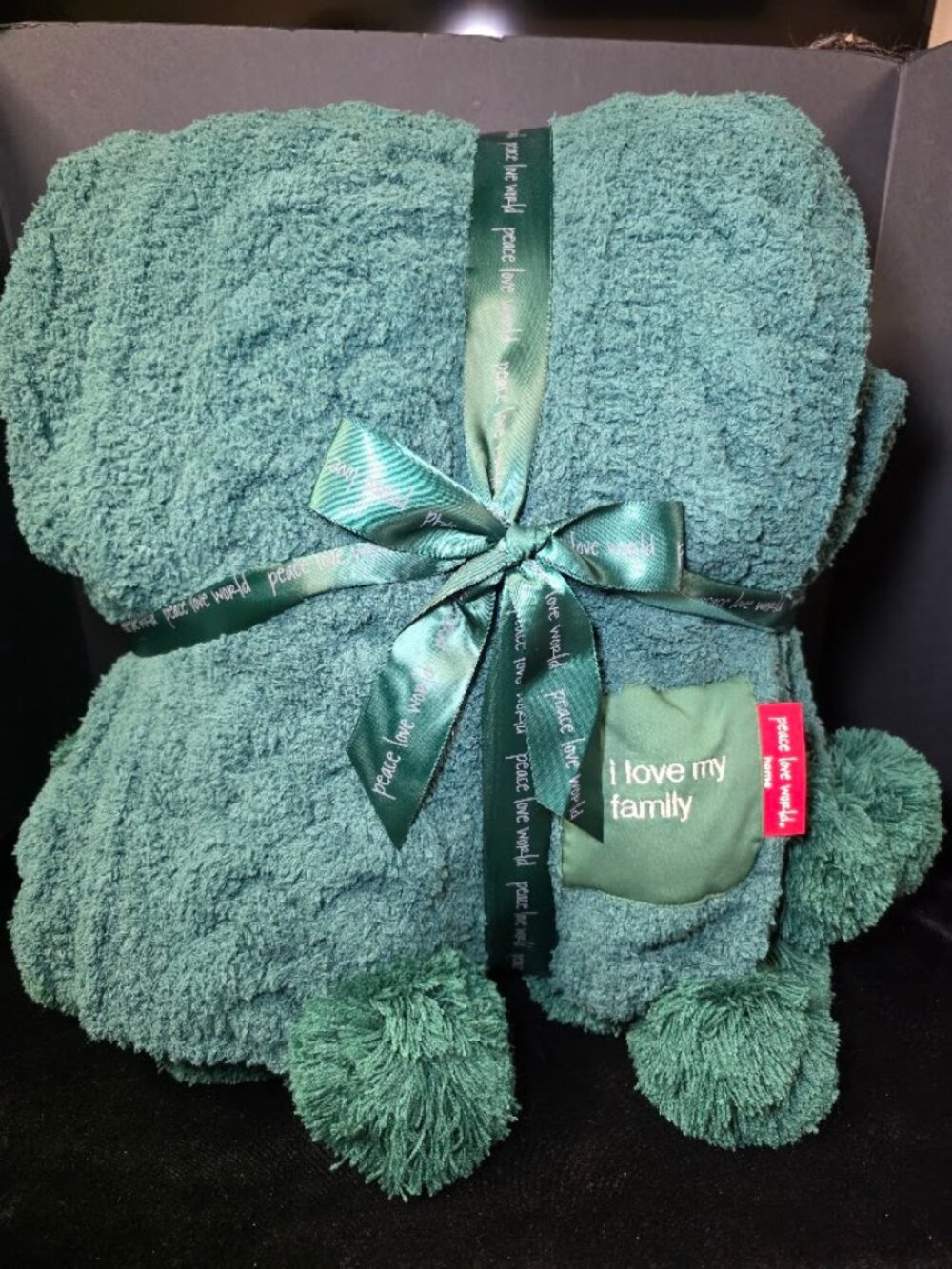 NWT Peace Love World 60x70 Pom Pom Cable Knit Blanket in Dark Forest
